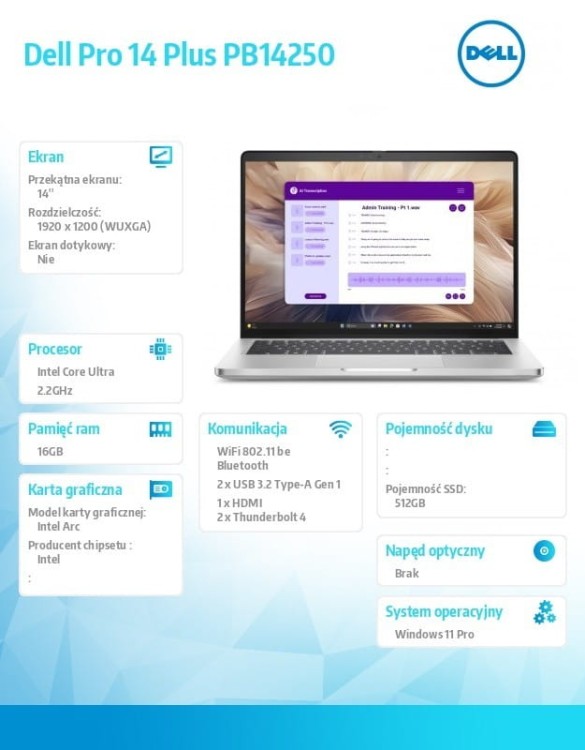 Dell Laptop Dell Pro 14 Plus PB14250 W11P Ultra 7 266V/16GB/512GB/14.0 FHD+/Arc/FgrPr&SmtCd/Cam&Mic/WWAN Ready+BT/BcklKb/3C/vPro/3YPS Aluminum