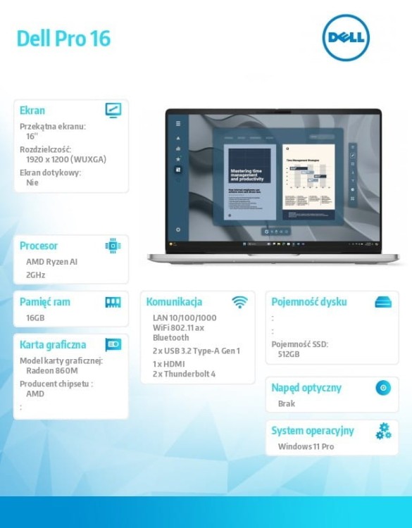 Dell Laptop Dell Pro 16 PC16255/AMD Ryzen AI 7 PRO 350/16GB/512GB SSD/16.0 FHD+/Radeon 860M/FgrPr/FHD/IR Cam/Mic/WLAN+BT/Backlit Kb/3Cell/W11P