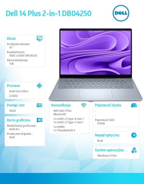 Dell Laptop Dell 14 Plus 2-in-1 DB04250 Win11Pro Ultra 7 256V/16GB/512GB SSD/14.0 FHD+ Touch/Arc/WLAN + BT/Backlit Kb/4 Cell/3Y ProSupport