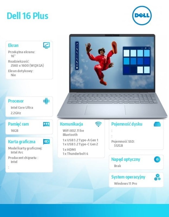 Dell Notebook Dell 16 Plus DB16250 Win11Pro Ultra 7 256V/16GB/512GB SSD/16.0 2.5K/Arc/FgrPr/WLAN + BT/Backlit Kb/4 Cell/3Y ProSupport