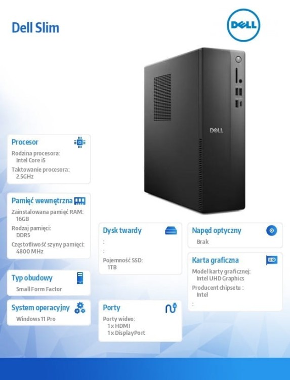 Dell Komputer Dell Slim ECS1250 Win11Pro i5-14400/16GB/1TB/Intel UHD 730/WLAN + BT/Kb/Mouse/3YPS