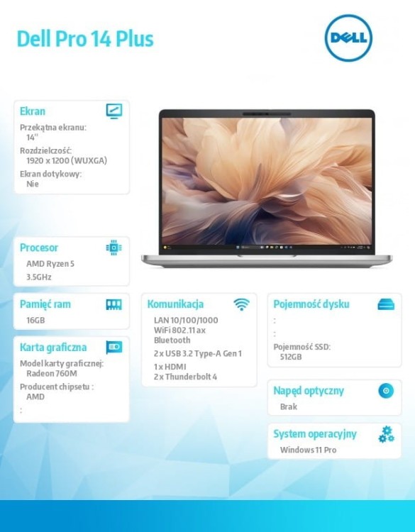 Dell Laptop Dell Pro 14 Plus PB14255/AMD Ryzen 5 PRO 230/16GB/512GB SSD Gen4/14.0 FHD+/Radeon 760M/FgrPr&SmtCd/FHD/IR Cam/Mic/WLAN+BT/Backlit Kb/3Cell