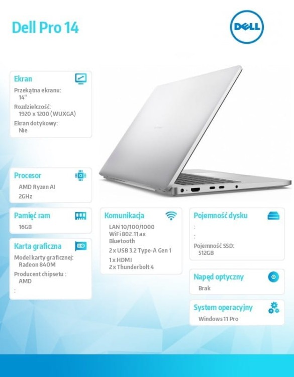 Dell Laptop Dell Pro 14 PC14255/AMD Ryzen AI 5 PRO 340/16GB/512GB SSD/14.0 FHD+/Radeon 840M/FgrPr/FHD/IR Cam/Mic/WLAN+BT/Backlit Kb/3 Cell/W11Pro