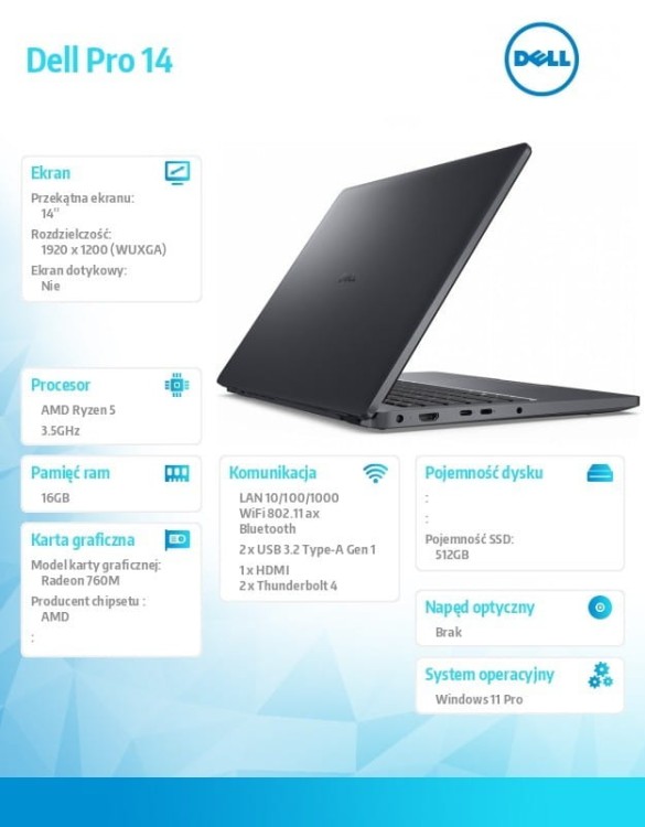 Dell Laptop Dell Pro 14 PC14255/AMD Ryzen 5 PRO 230/16GB/512GB SSD/14.0 FHD+/Radeon 760M/FgrPr/FHD/IR Cam/Mic/WLAN+BT/Backlit Kb/3 Cell/W11Pro