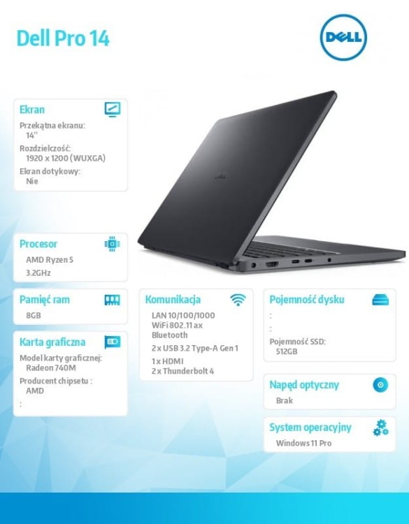 Dell Laptop Dell Pro 14 PC14255/AMD Ryzen 5 220/8GB/512GB SSD/14.0 FHD+/Radeon 740M/FgrPr/FHD/IR Cam/Mic/WLAN + BT/Backlit Kb/3 Cell/W11Pro