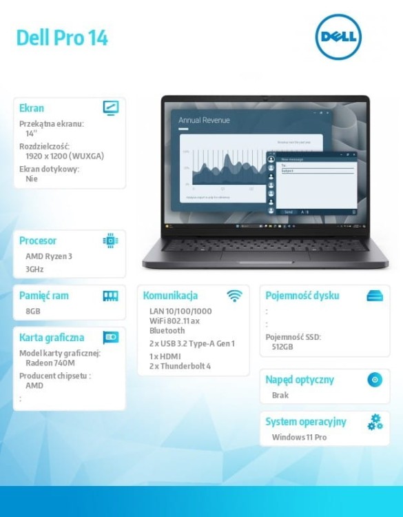 Dell Laptop Dell Pro 14 PC14255/AMD Ryzen 3 210/8GB/512GB SSD/14.0 FHD+/AMD Radeon 740M/FgrPr/Cam & Mic/WLAN + BT/Backlit Kb/3 Cell/W11Pro