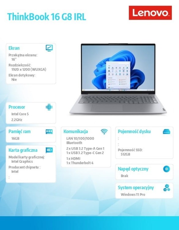 Lenovo Laptop ThinkBook 16 G8 21SH00A3PB W11Pro Intel 5 210H/16GB/512GB//INT/16 cali WUXGA/Arctic Grey/3YRS OS + CO2 Offset