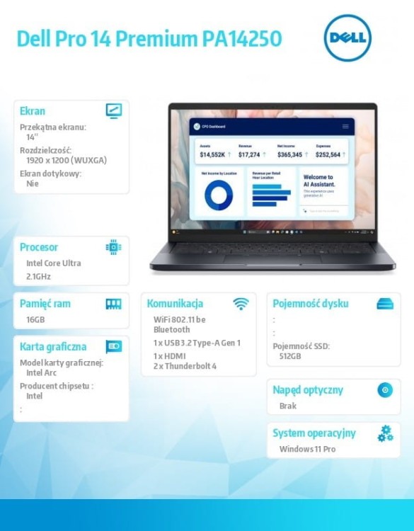 Dell Laptop Dell Pro 14 Premium PA14250 W11P Ultra 5 236V/16GB/512GB/14.0 FHD+ 300nit/Arc/FgrPr/Cams&Mic/WLAN+BT/BcklKb/3C/vPro/3YPS Magnesium