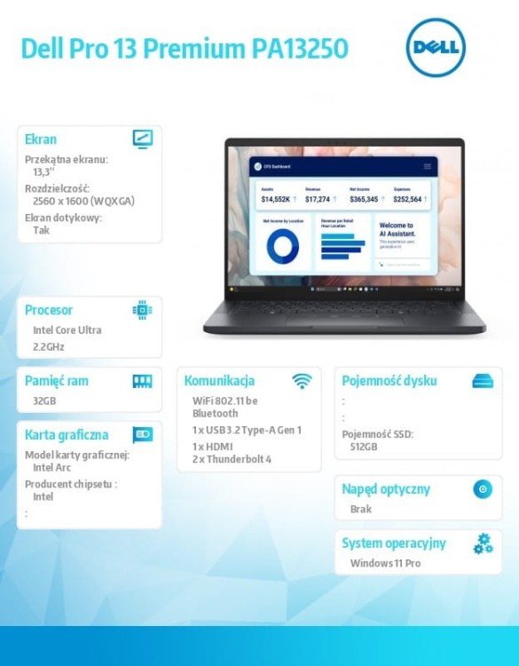 Dell Laptop Dell Pro 13 Premium PA13250/Ultra 7 268V/32GB/512GB SSD Gen4/13.3 QHD+ Touch/Arc/FgrPr/Cams&Mic/WLAN+BT/Bck Kb/3C/vPro/3YPS Magnesium