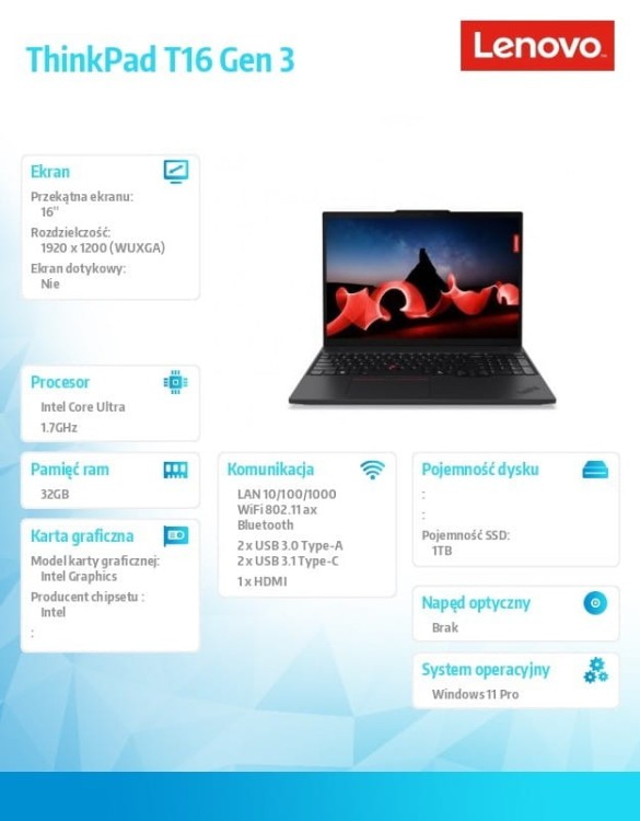 Lenovo Notebook ThinkPad T16 G3 21MN0059PB  W11Pro Ultra 7 155U/32GB/1TB/INT/16.0 WUXGA/Black/3YRS Premier Support + CO2 Offset