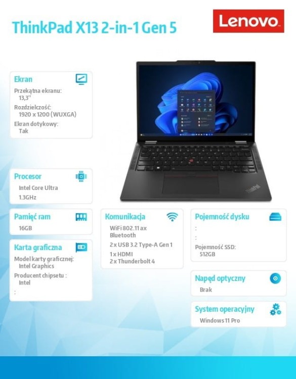 Lenovo Ultrabook ThinkPad X13 2in1 G5 21LW0018PB W11Pro Ultra5 125U/16GB/512GB/INT/13.3 WUXGA/Touch/Black/3YRS Premier Support HB + CO2 Offset