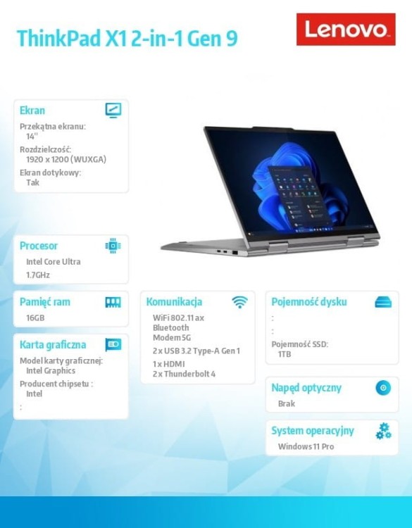 Lenovo Ultrabook ThinkPad X1 2in1 G9 21KE0043PB W11Pro Ultra 7 155U/16GB/1TB/INT/LTE/14.0 WUXGA/Touch/Grey/vPro/3YRS Premier Support + CO2 Offset