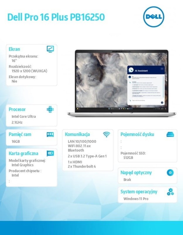 Dell Laptop Dell Pro 16 Plus PB16250 W11P U7 265U/16GB/512GB SSD/16 FHD+/Int/FgrPr&SmtCd/FHD/IRCam/Mic/WLAN+BT/BcklKb/3C/vPro/3YPS Aluminum