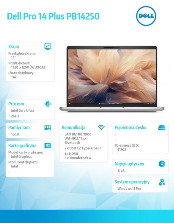 Dell Laptop Dell Pro 14 Plus PB14250 W11P U5 235U/16GB/512GB/14.0 FHD+ Touch/Int/FgrPr&SmtCd/Cams&Mic/WLAN+BT/BcklKb/3C/vPro/3YPS Aluminum