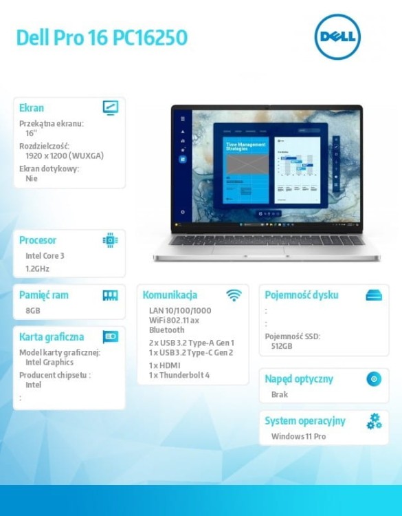 Dell Laptop Dell Pro 16 PC16250 W11P C3 100U/8GB/512GB/16.0 FHD+/Int/FgrPr/Cam&Mic/WLAN+BT/BcklKb/3C/3YPS Platinum