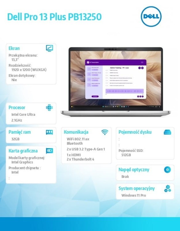 Dell Laptop Dell Pro 13 Plus PB13250 W11P U7 265U/32GB/512GB/13.3 FHD +/Int/FgrPr&SmtCd/FHD/IRCam/Mic/WLAN+BT/BcklKb/3C/vPro/3YPS Aluminum