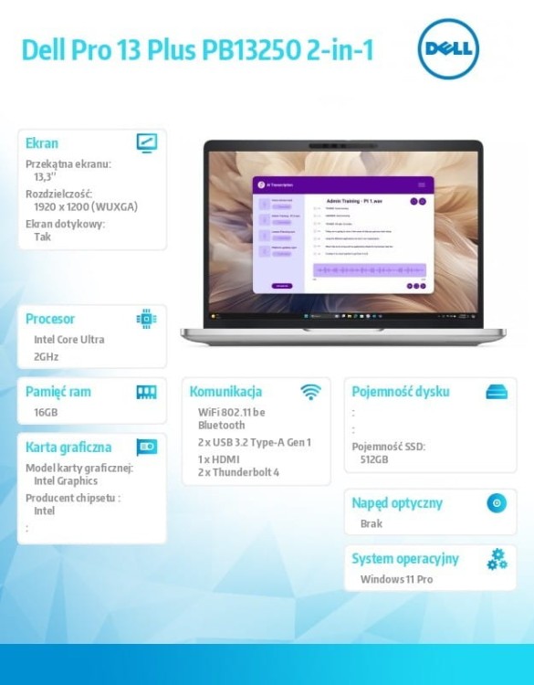 Dell Laptop Dell Pro 13 Plus PB13250 W11P U5 235U/16GB/512GB/2in1 13.3 FHD+ Touch/Int/FgrPr & SmtCd/FHD/IRCam/Mic/WLAN+BT/Bckl Kb/3C/vPro/3YPS Alumini