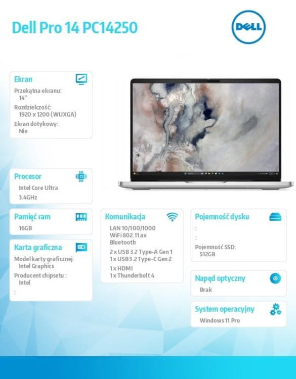 Dell Laptop Dell Pro 14 PC14250 W11P U5 235U/16GB/512GB/14.0 FHD+/INT/FgrPr/FHD/IRCam/Mic/WLAN+BT/BcklKb/3C/vPro/3YPS Platinum