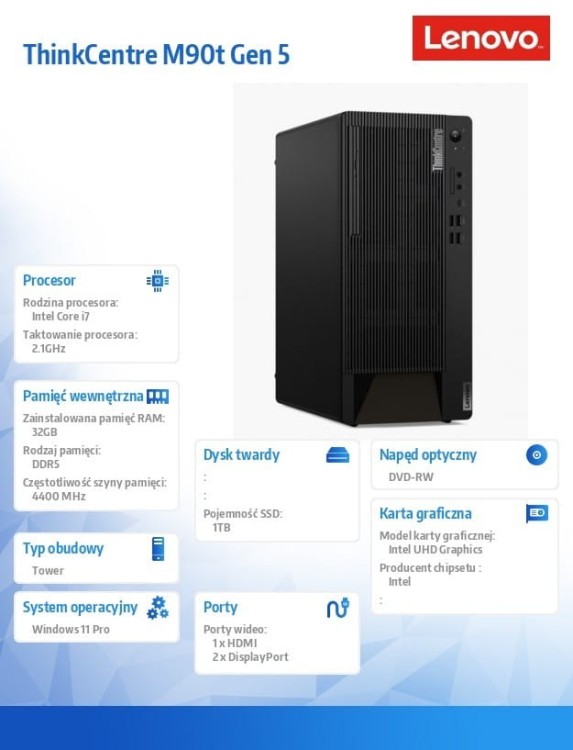 Lenovo Komputer ThinkCentre M90t G5 TOWER 12V60008PB W11Pro i7-14700/2x16GB/1TB/INT/DVD/vPro/3YRS OS + 1Y Premier Support