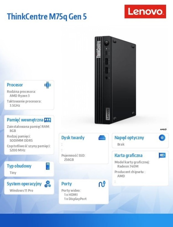 Lenovo Komputer ThinCentre M75q G5 Tiny 12RQ000VPB W11Pro 8300GE/8GB/256GB/AMD Radeon/3YR OS