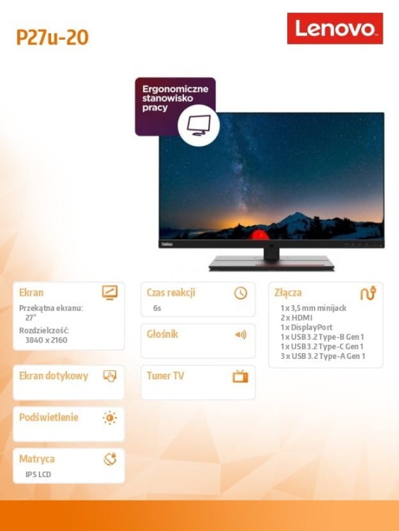Lenovo Monitor 27.0 ThinkVision P27u-20 WLED LCD 62CBRAT6EU