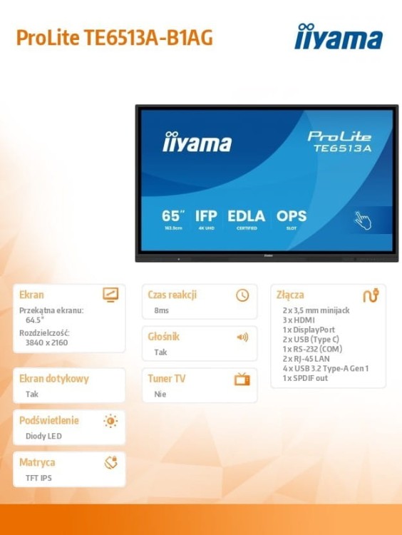 IIYAMA Monitor 65 cali TE6513A-B1AG INFRARED,40pkt,IPS,4K,7H,450cd/m2,      WiFi,USB, ANDROID 14, Google EDLA,2x20W, UCHWYT CIENNY