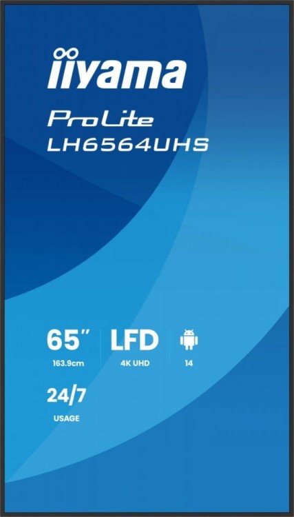 IIYAMA Monitor 65 cali LH6564UHS-B1AG, 24/7,VA,ANDROID14,4K,500cd,5000:1,    2xHDMI ,USB-C,RJ45, RS-232c, IR, 2x10W, 2xUSB, UCHWYT ŚCIENNY,iiSignage2,
