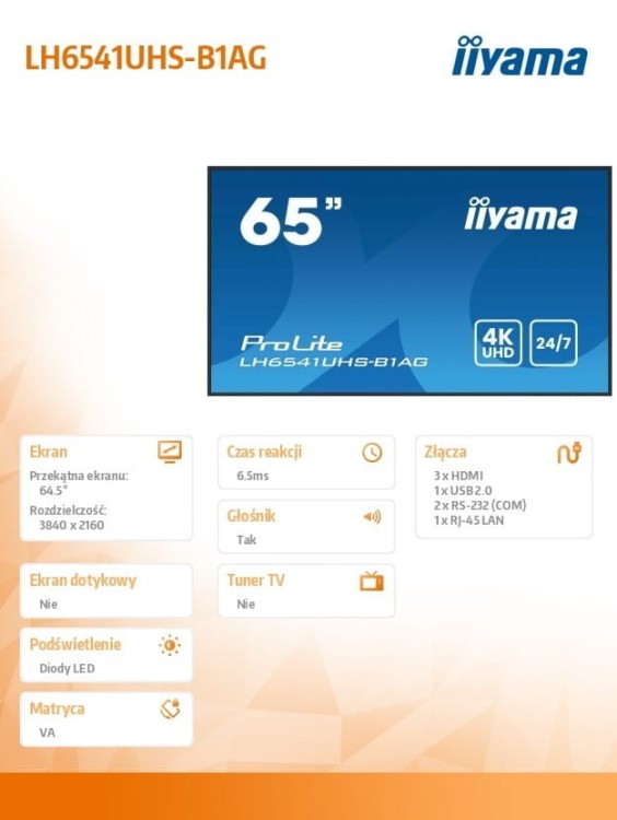 IIYAMA Monitor 65 cali LH6541UHS-B1AG VA,4K,24/7,LAN,USB,HDMI,500cd/m2,     Haze(25%),2x10W,Pion/Poziom