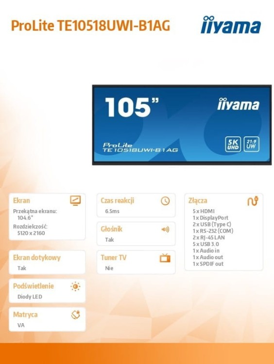 IIYAMA Monitor wielkoformatowy 104.6 cala TE10518UWI-B1AG INFRARED,40pkt,VA,21:9(5K),8xUSB, 8xMIC,2x16W+Subwoofer(16W),Android 13,WiFi,Slot OPS,7H,450