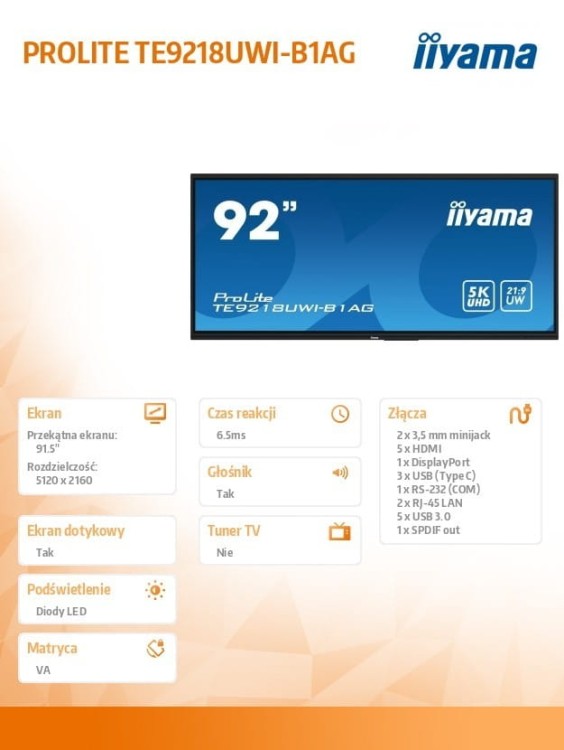 IIYAMA Monitor 92 cale TE9218UWI-B1AG, INFRARED,40pkt,VA,21:9,4xHDMI,DP,    USB-C,RJ45,8/64GB