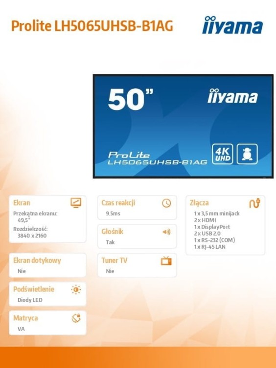 IIYAMA Monitor 50 cali LH5065UHSB-B1 AG, 24/7, VA, ANDROID 11, 4K, 800cd, iiSignage2, SDM, 2x HDMI, DP, 2x USB,2x 10W, RJ45, WiFi, 4/32GB, PION/POZIOM