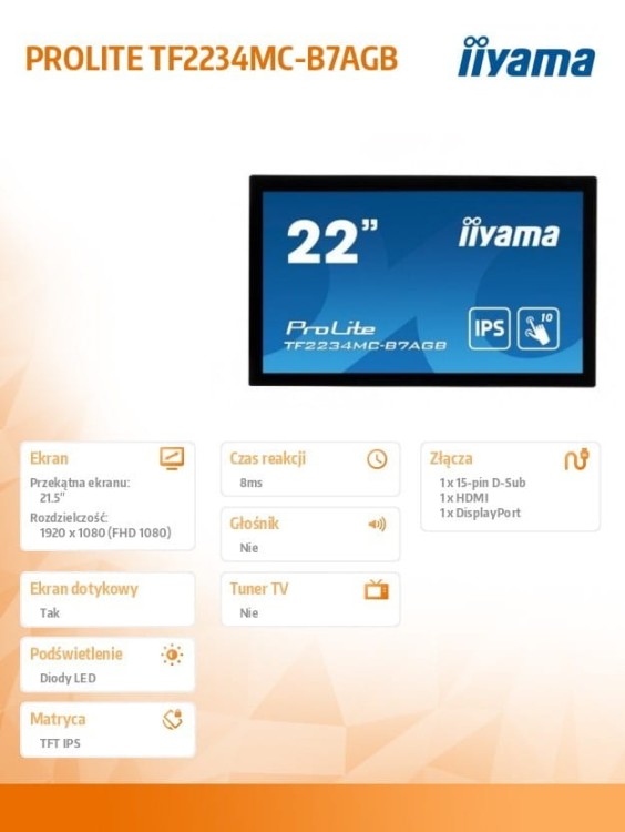 IIYAMA Monitor wielkoformatowy  21.5 cala TF2234MC-B7AGB IPS,10PKT.VGA,HDMI,DP,FHD,IP65,6H