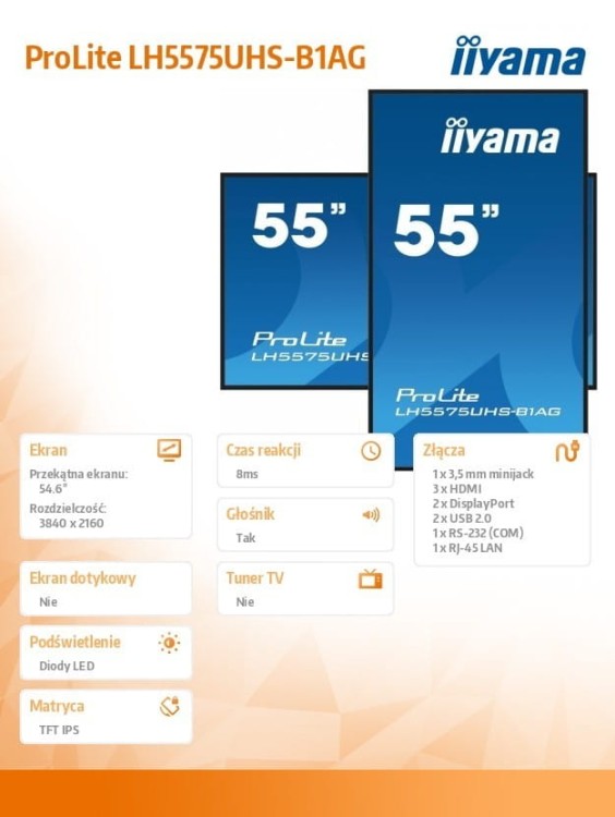 IIYAMA Monitor 54.6 cali ProLite LH5575UHS-B1AG 24/7,IPS,ANDROID.11,4K,500cd/m2,WiFi,3xHDMI,DP,Daisy/Chain,2xUSB,2x10W,RJ45,iiSignage2,FailOver,SDM,4G