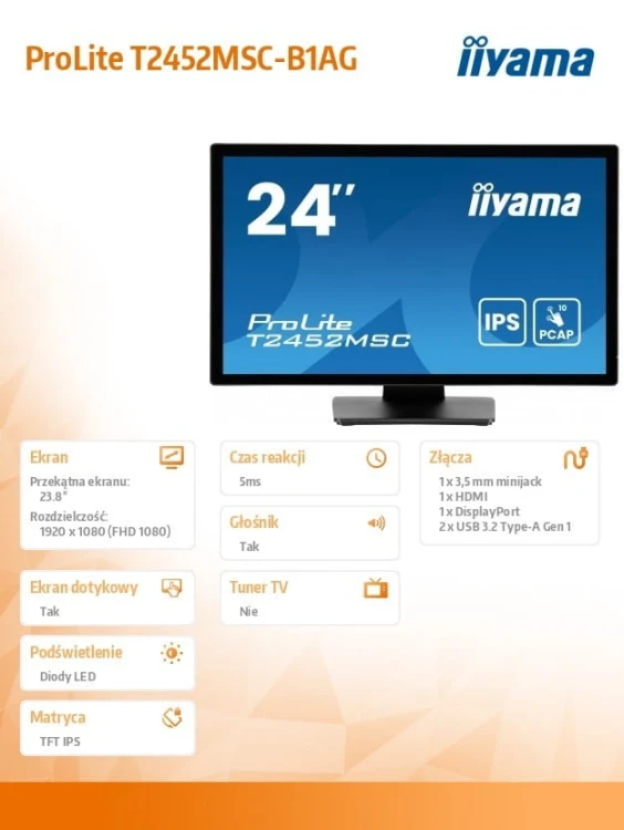 IIYAMA Monitor 24 cale T2452MSC-B1AG 10 PKT. POJ,IPS,HDMI,DP,2x1W,7H,2xUSB,  400cd/m2,AG-(Anti Glare)