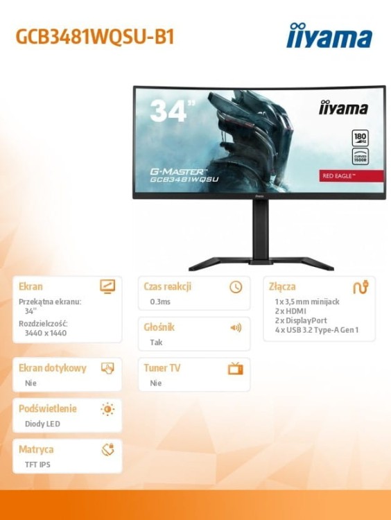 IIYAMA Monitor 34 cale GCB3481WQSU-B1 VA, UWQHD, 180HZ, 0.3ms, 500cd