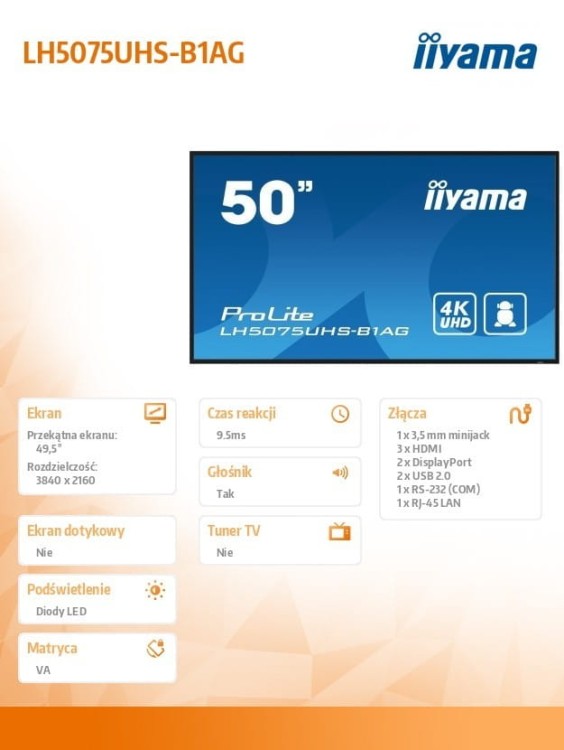 IIYAMA Monitor 50 cali LH5075UHS-B1AG,24/7,VA,ANDROID.11,4K,3xHDMI,DP,RJ45,  2xUSB,2x10W