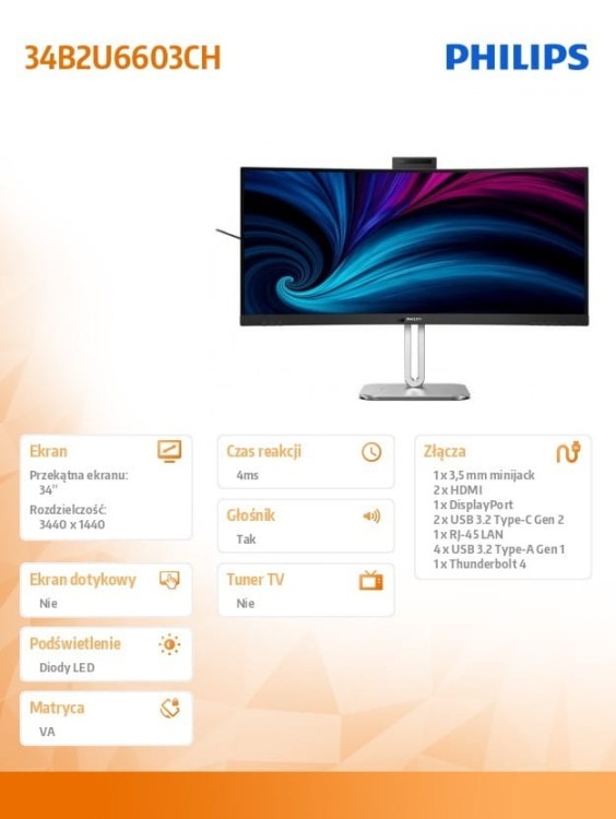 Philips Monitor 34B2U6603CH 34 cale Curved VA HDMIx2 DP HAS Thunderbolt RJ45