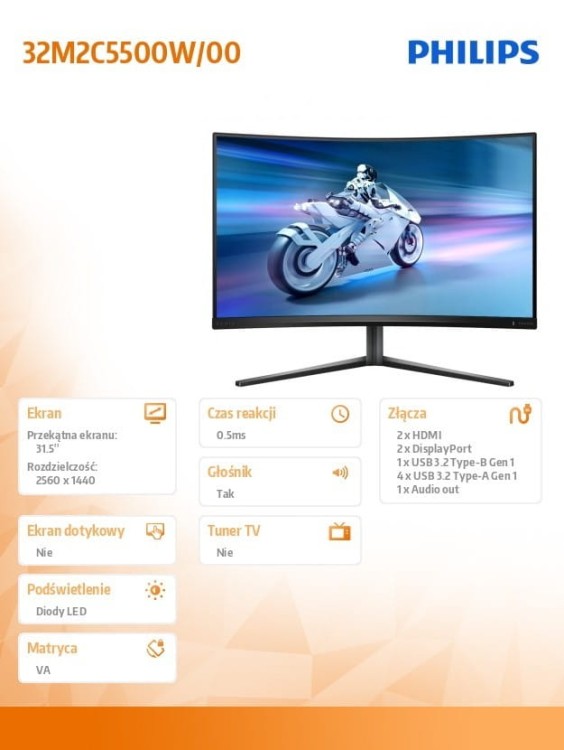 Philips Monitor 32M2C5500W 31.5 cala Zakrzywiony VA 240Hz HDMIx2 DPx2 HAS Głośniki