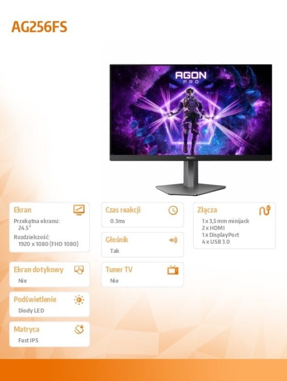 AOC Monitor AG256FS 24.5 cala 390Hz Fast IPS HDMIx2 DP Pivot