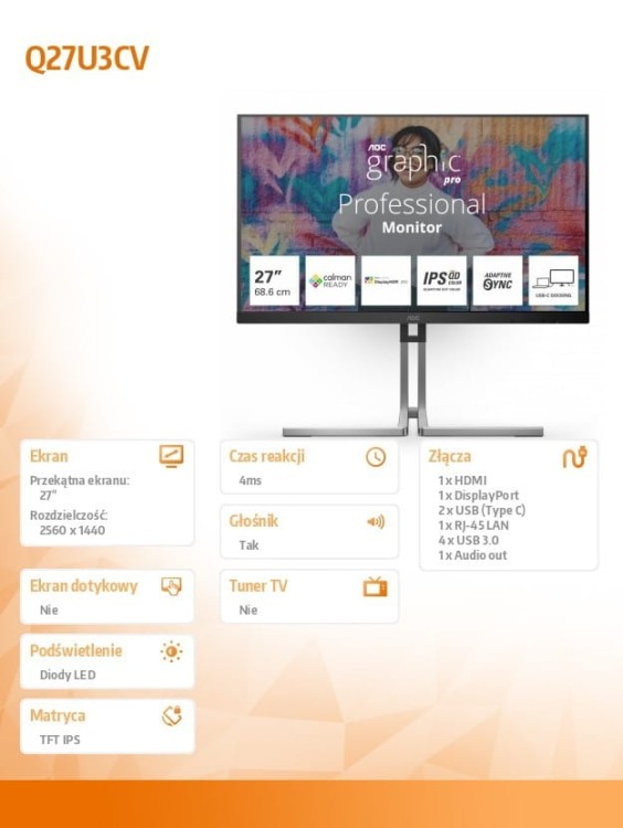 AOC Monitor Q27U3CV 27 cali IPS QD HDMI DP USB-C RJ45 KVM