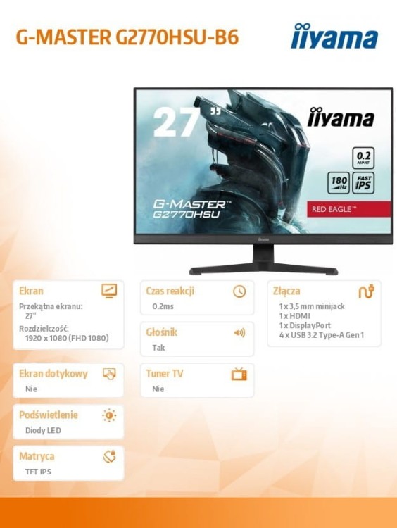 IIYAMA Monitor 27 cali G2770HSU-B6 0.2ms,IPS,DP,HDMI,180Hz
