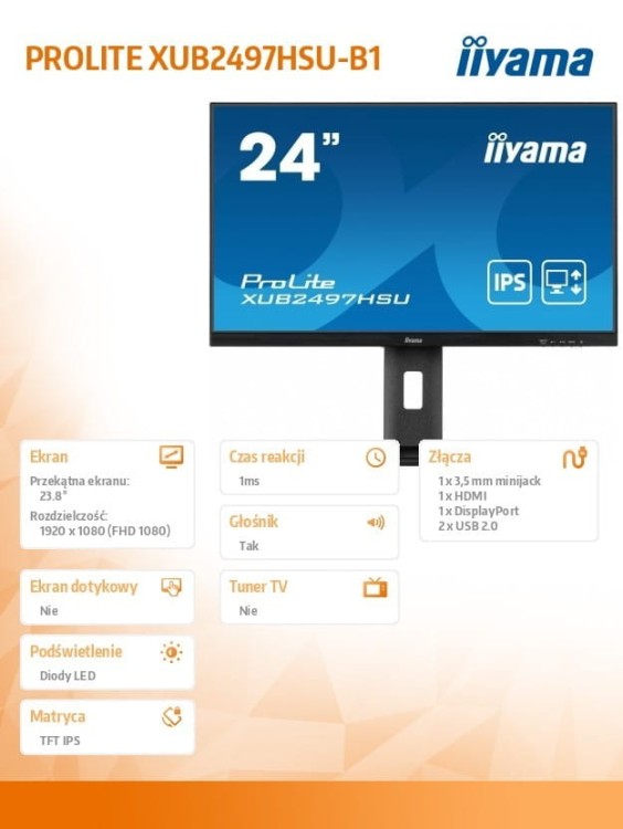IIYAMA Monitor 24 cale XUB2497HSU-B1 IPS.HDMI.DP.2x2W.2xUSB(2.0).HAS(150mm). 250cd.1ms.100Hz /5y/