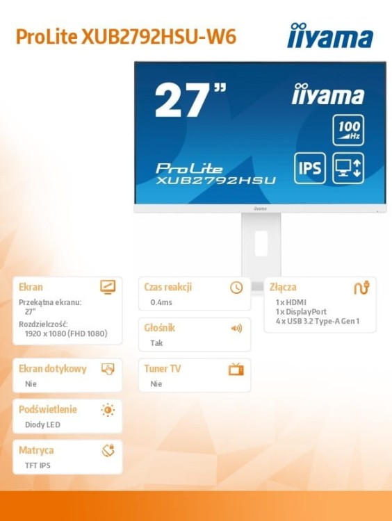 IIYAMA Monitor 27 cali ProLite XUB2792HSU-W6 IPS,HDMI,DP,100Hz,SLIM,4xUSB3.2,PIVOT,  HAS(150mm),2x2W