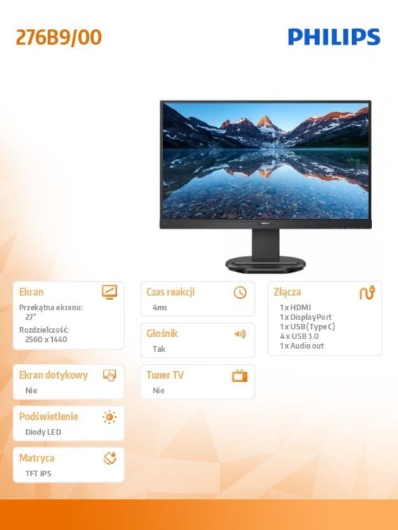 Philips Monitor 276B9 27 cali IPS HDMIx2 DP USB-C Pivot