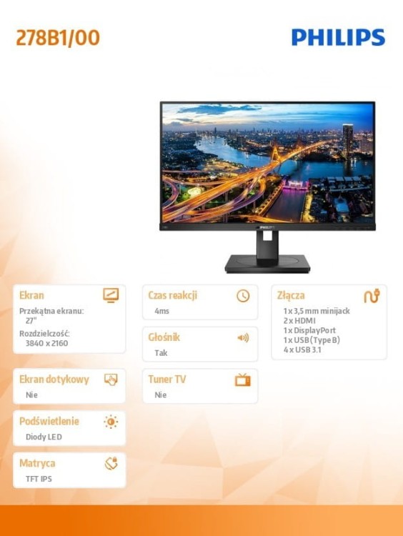 Philips Monitor 278B1 27 IPS HDMIx2 DP Pivot