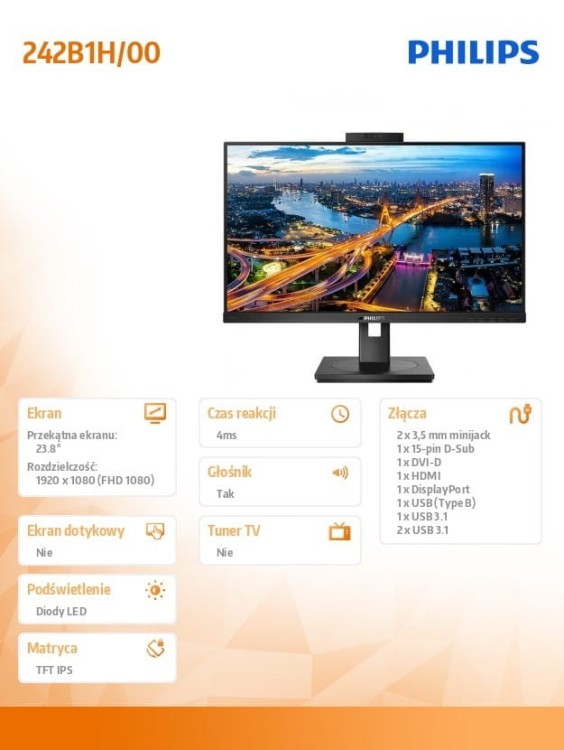 Philips Monitor 242B1H 23.8 IPS DVI HDMI DP Pivot Webcam