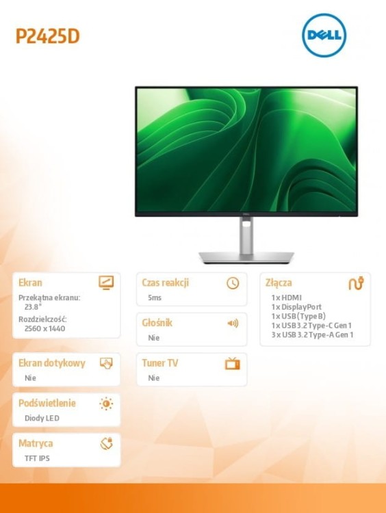 Dell Monitor 23.8 cala P2425D  IPS LED  QHD (2560x1440)/16:9/HDMI/DP/USB-C/3x USB/5Y AES&PPG