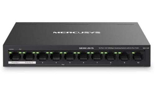 TP-LINK Przełącznik Mercusys 10-Port 10/100Mbps Desktop Switch with 8-Port PoE+     PORT: 8× 10/100 Mbps PoE+ Ports, 2× 10/100 Mbps Non-PoE Ports