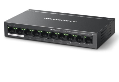 TP-LINK Przełącznik Mercusys 10-Port 10/100Mbps Desktop Switch with 8-Port PoE+     PORT: 8× 10/100 Mbps PoE+ Ports, 2× 10/100 Mbps Non-PoE Ports