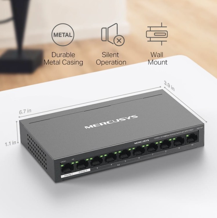 TP-LINK Przełącznik Mercusys 10-Port 10/100Mbps Desktop Switch with 8-Port PoE+     PORT: 8× 10/100 Mbps PoE+ Ports, 2× 10/100 Mbps Non-PoE Ports